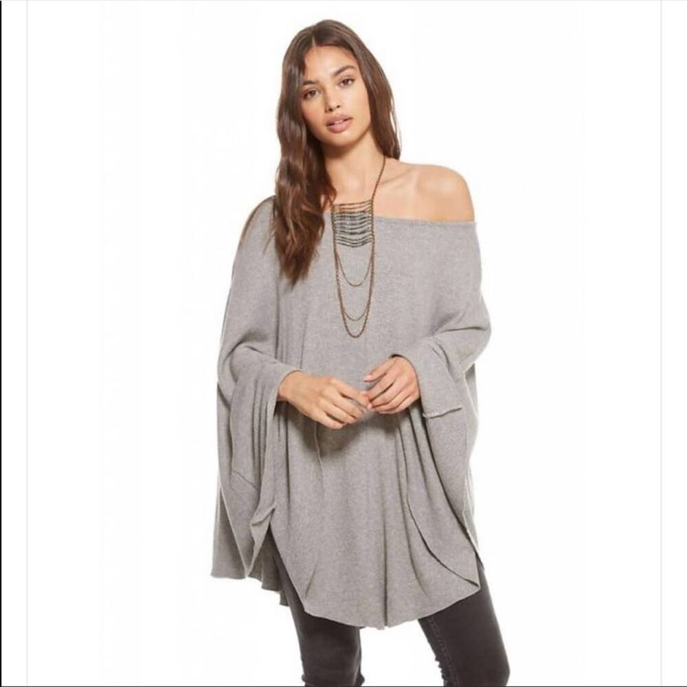 Chaser Oversized Gray Lightweight Ribbed Knit Slouchy Poncho Cape Boho XS/S NEW